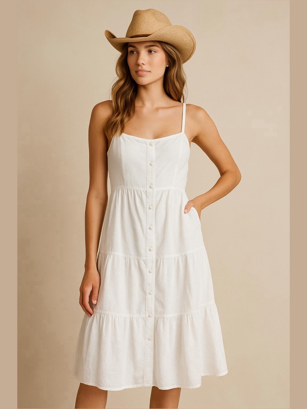 Cupshe Women’s White Button-Front Sundress Size M NWT Coastal Cowgirl Coquette